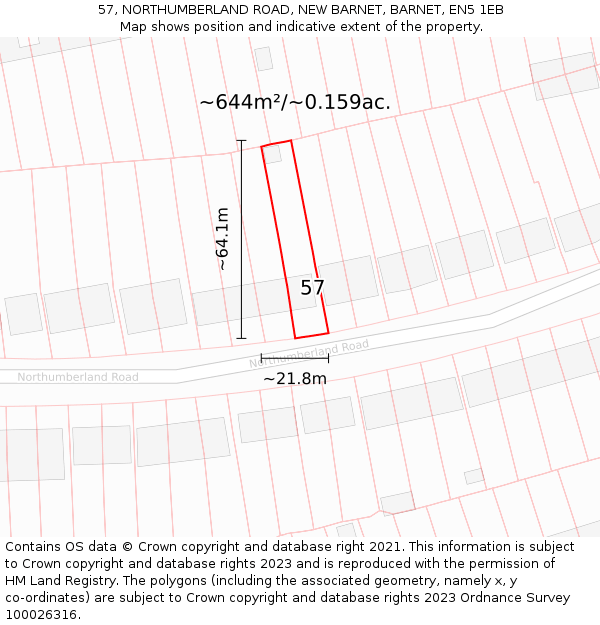 57, NORTHUMBERLAND ROAD, NEW BARNET, BARNET, EN5 1EB: Plot and title map