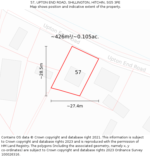 57, UPTON END ROAD, SHILLINGTON, HITCHIN, SG5 3PE: Plot and title map