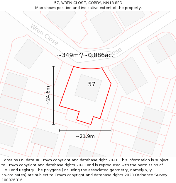 57, WREN CLOSE, CORBY, NN18 8FD: Plot and title map