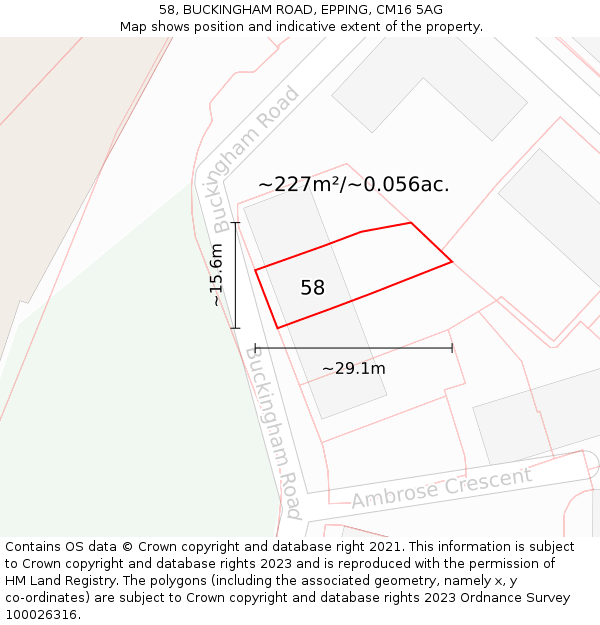 58, BUCKINGHAM ROAD, EPPING, CM16 5AG: Plot and title map
