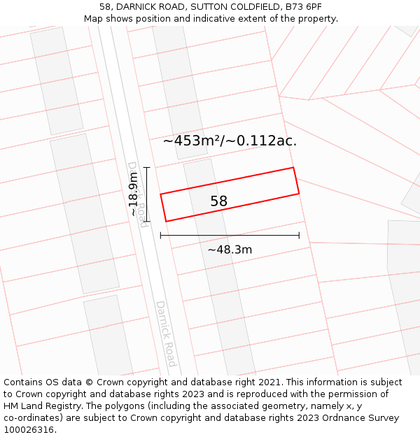 58, DARNICK ROAD, SUTTON COLDFIELD, B73 6PF: Plot and title map