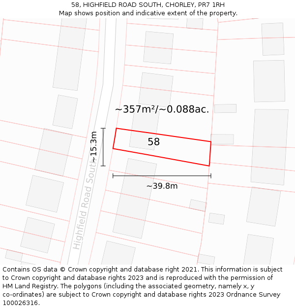 58, HIGHFIELD ROAD SOUTH, CHORLEY, PR7 1RH: Plot and title map