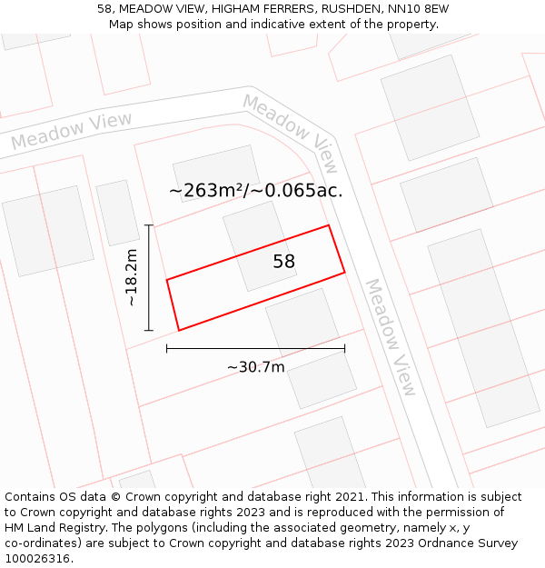 58, MEADOW VIEW, HIGHAM FERRERS, RUSHDEN, NN10 8EW: Plot and title map
