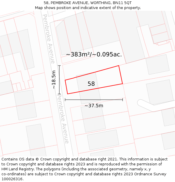 58, PEMBROKE AVENUE, WORTHING, BN11 5QT: Plot and title map