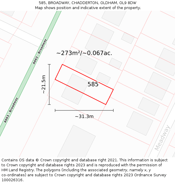 585, BROADWAY, CHADDERTON, OLDHAM, OL9 8DW: Plot and title map