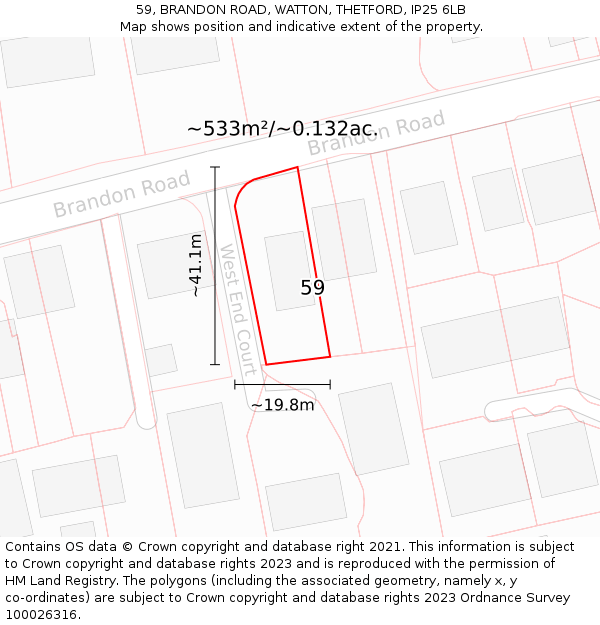59, BRANDON ROAD, WATTON, THETFORD, IP25 6LB: Plot and title map