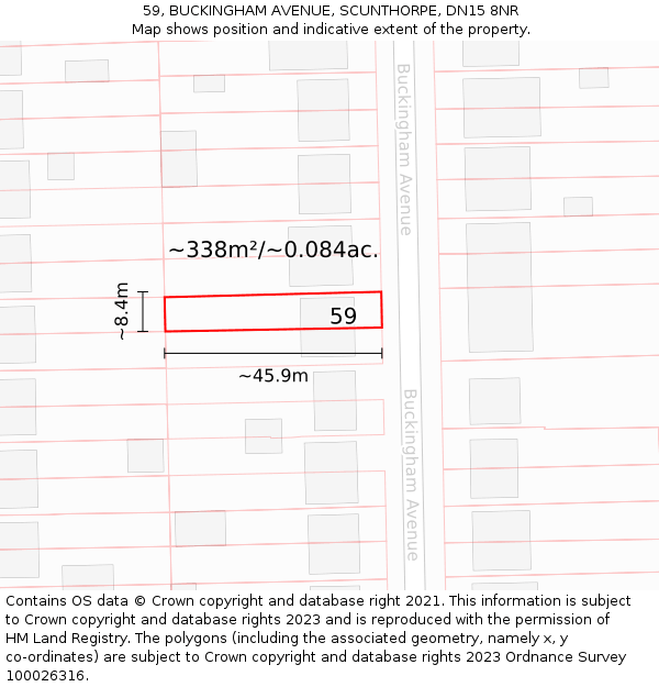 59, BUCKINGHAM AVENUE, SCUNTHORPE, DN15 8NR: Plot and title map