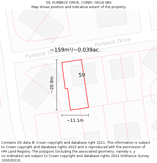 59, PURBECK DRIVE, CORBY, NN18 0BX: Plot and title map