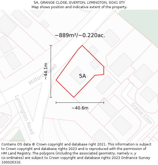 5A, GRANGE CLOSE, EVERTON, LYMINGTON, SO41 0TY: Plot and title map