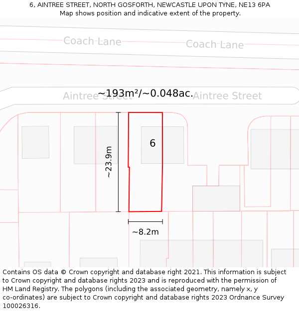6, AINTREE STREET, NORTH GOSFORTH, NEWCASTLE UPON TYNE, NE13 6PA: Plot and title map