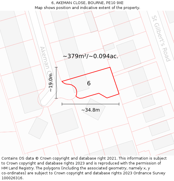 6, AKEMAN CLOSE, BOURNE, PE10 9XE: Plot and title map
