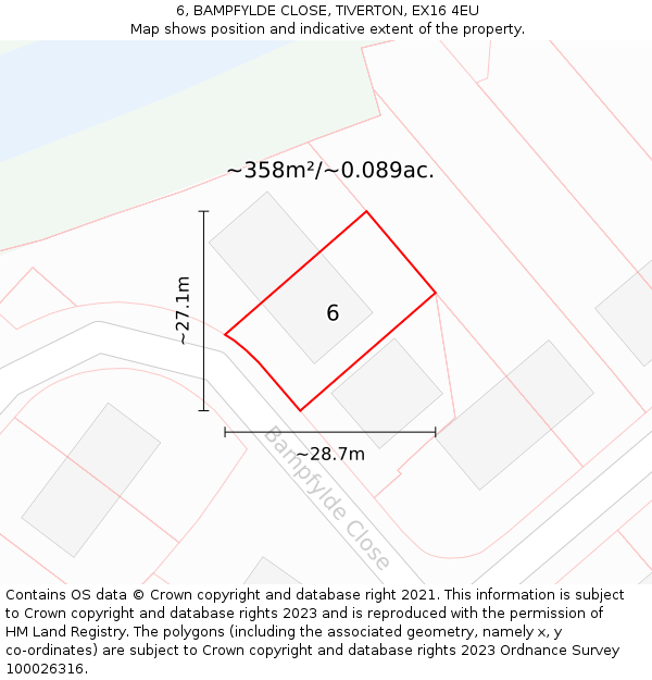 6, BAMPFYLDE CLOSE, TIVERTON, EX16 4EU: Plot and title map