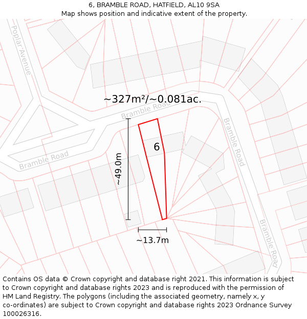 6, BRAMBLE ROAD, HATFIELD, AL10 9SA: Plot and title map