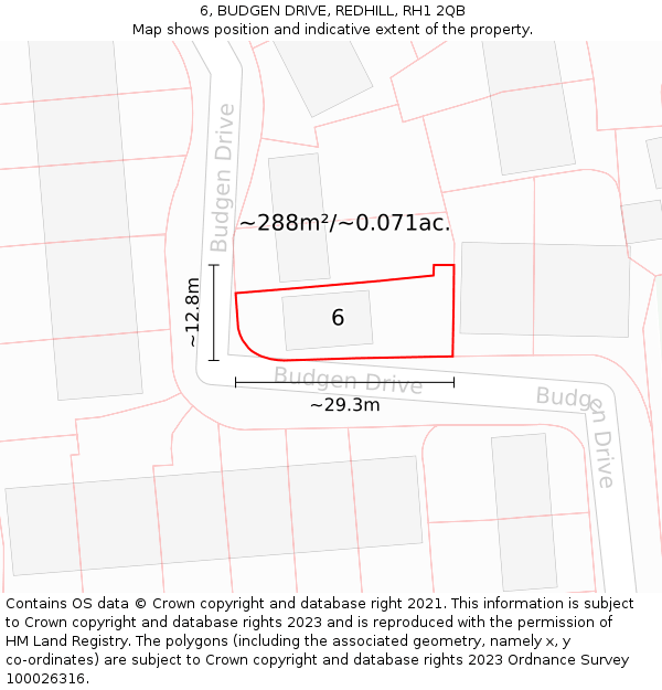 6, BUDGEN DRIVE, REDHILL, RH1 2QB: Plot and title map
