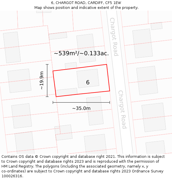 6, CHARGOT ROAD, CARDIFF, CF5 1EW: Plot and title map
