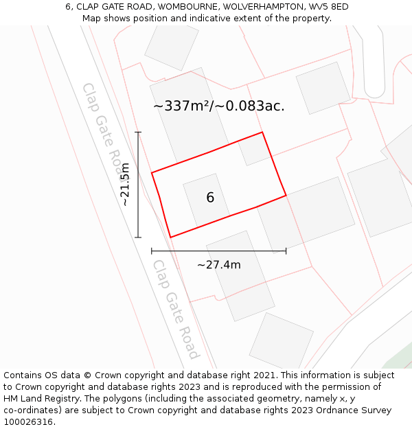 6, CLAP GATE ROAD, WOMBOURNE, WOLVERHAMPTON, WV5 8ED: Plot and title map