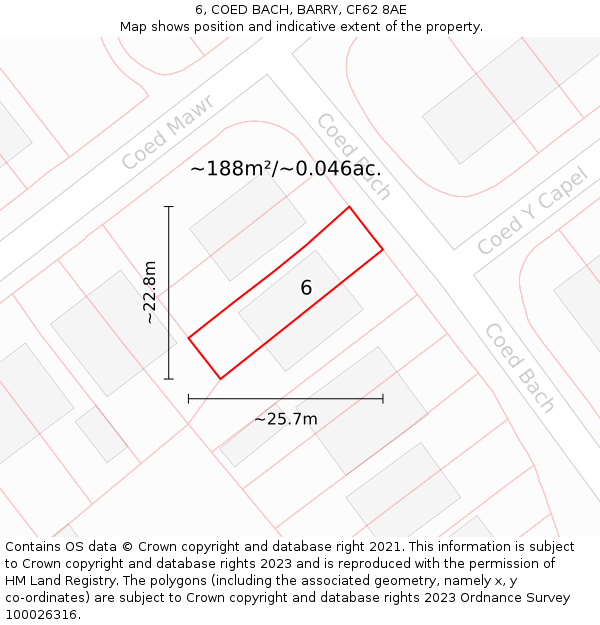 6, COED BACH, BARRY, CF62 8AE: Plot and title map