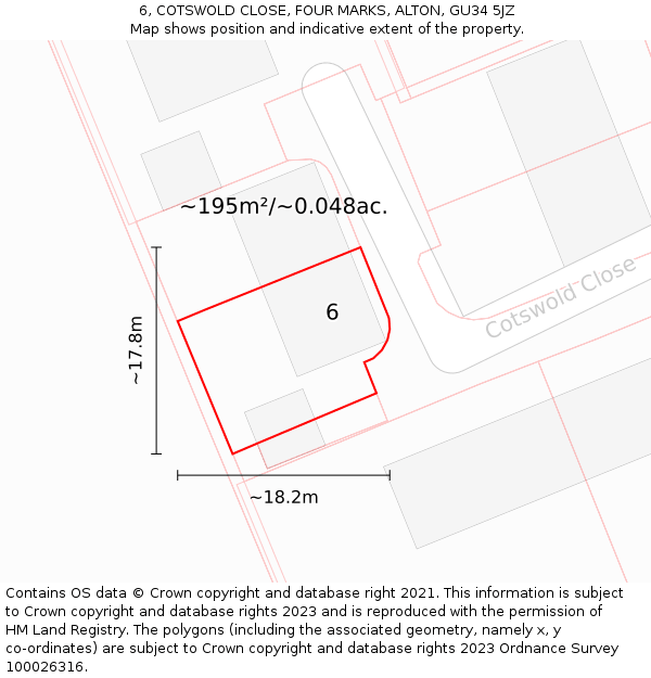 6, COTSWOLD CLOSE, FOUR MARKS, ALTON, GU34 5JZ: Plot and title map