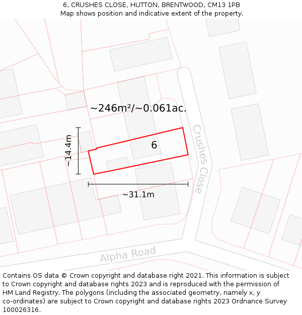 6, CRUSHES CLOSE, HUTTON, BRENTWOOD, CM13 1PB: Plot and title map