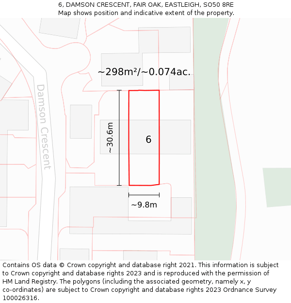 6, DAMSON CRESCENT, FAIR OAK, EASTLEIGH, SO50 8RE: Plot and title map