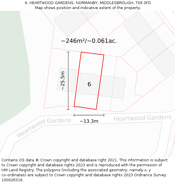 6, HEARTWOOD GARDENS, NORMANBY, MIDDLESBROUGH, TS6 0FD: Plot and title map