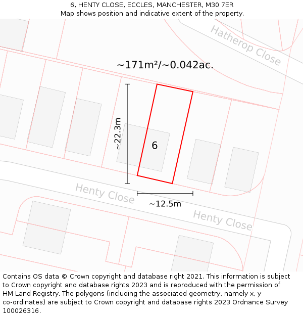 6, HENTY CLOSE, ECCLES, MANCHESTER, M30 7ER: Plot and title map