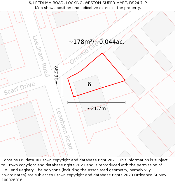 6, LEEDHAM ROAD, LOCKING, WESTON-SUPER-MARE, BS24 7LP: Plot and title map
