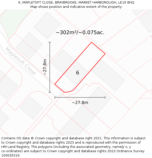 6, MAPLETOFT CLOSE, BRAYBROOKE, MARKET HARBOROUGH, LE16 8NQ: Plot and title map