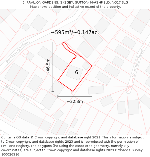 6, PAVILION GARDENS, SKEGBY, SUTTON-IN-ASHFIELD, NG17 3LG: Plot and title map