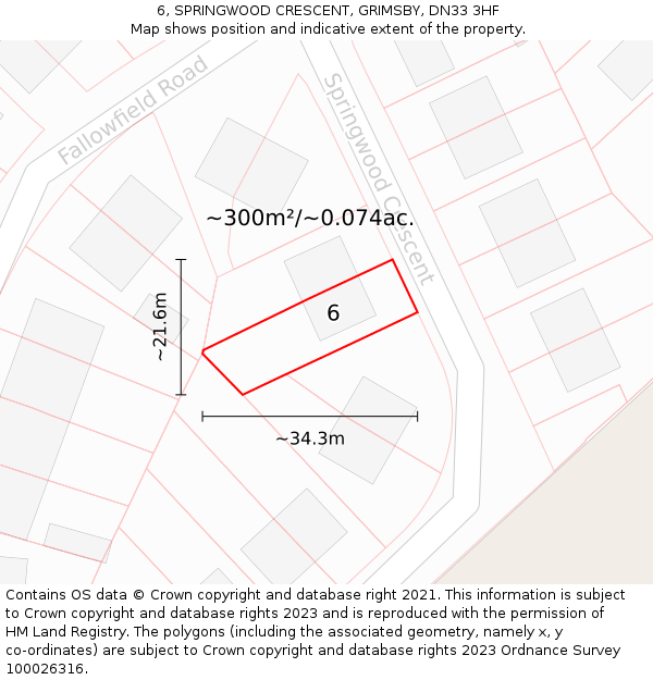 6, SPRINGWOOD CRESCENT, GRIMSBY, DN33 3HF: Plot and title map