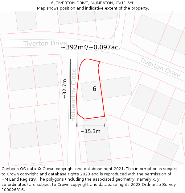 6, TIVERTON DRIVE, NUNEATON, CV11 6YL: Plot and title map