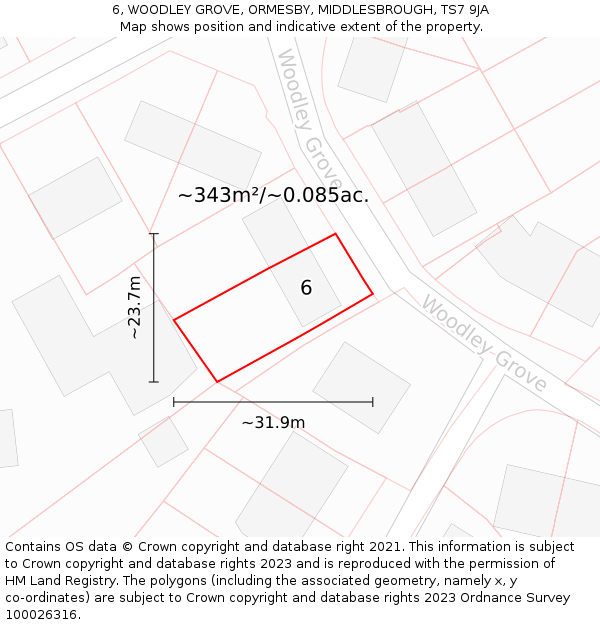 6, WOODLEY GROVE, ORMESBY, MIDDLESBROUGH, TS7 9JA: Plot and title map