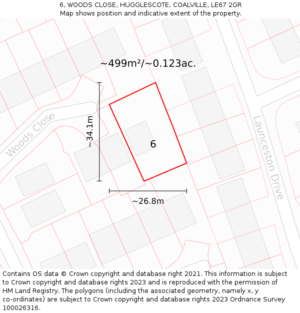 6, WOODS CLOSE, HUGGLESCOTE, COALVILLE, LE67 2GR: Plot and title map