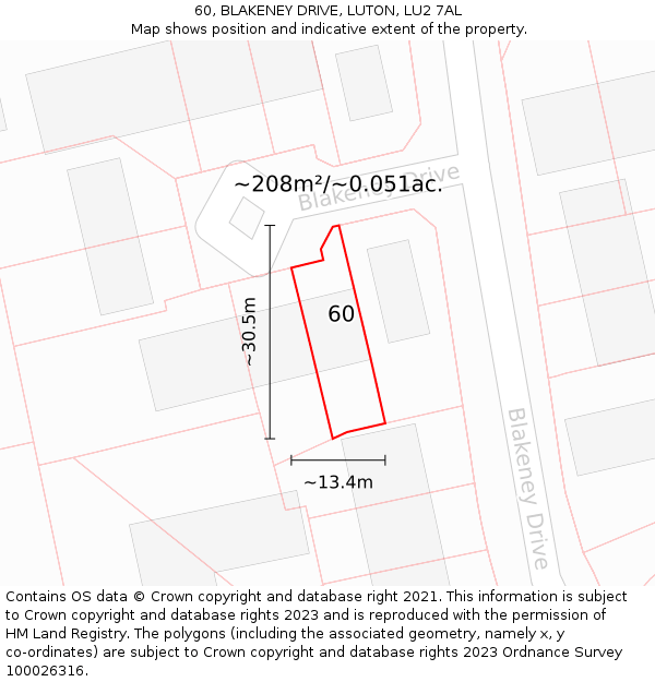 60, BLAKENEY DRIVE, LUTON, LU2 7AL: Plot and title map