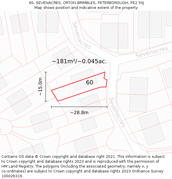 60, SEVENACRES, ORTON BRIMBLES, PETERBOROUGH, PE2 5XJ: Plot and title map