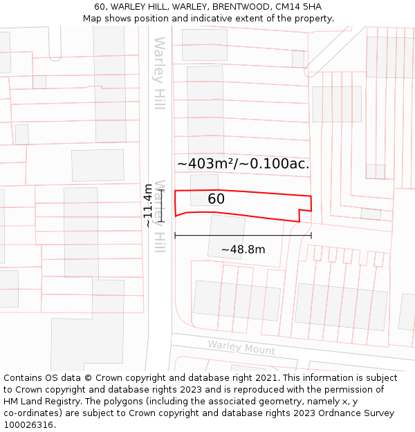 60, WARLEY HILL, WARLEY, BRENTWOOD, CM14 5HA: Plot and title map