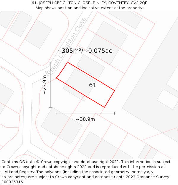 61, JOSEPH CREIGHTON CLOSE, BINLEY, COVENTRY, CV3 2QF: Plot and title map