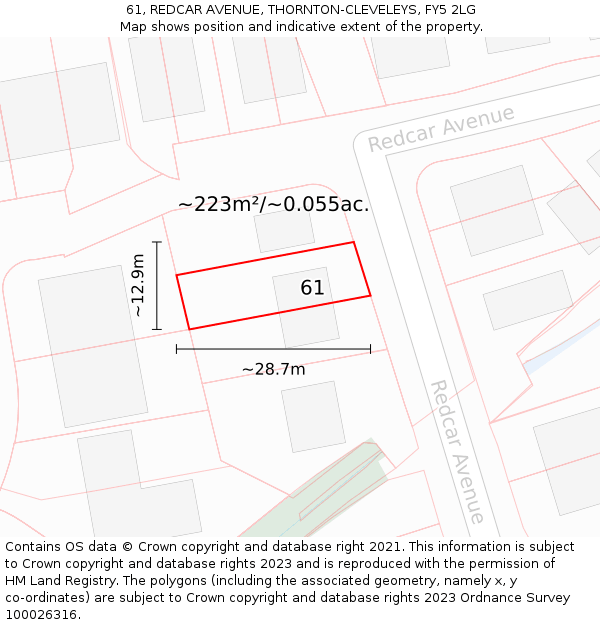 61, REDCAR AVENUE, THORNTON-CLEVELEYS, FY5 2LG: Plot and title map