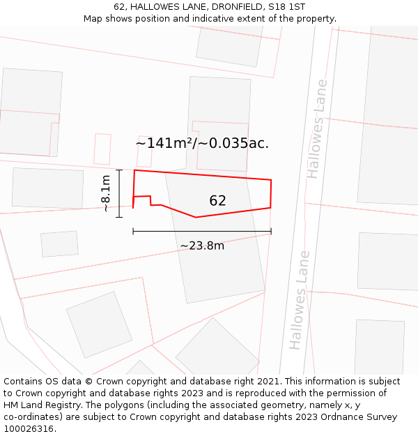 62, HALLOWES LANE, DRONFIELD, S18 1ST: Plot and title map