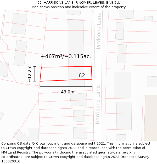 62, HARRISONS LANE, RINGMER, LEWES, BN8 5LL: Plot and title map