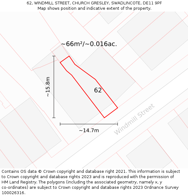 62, WINDMILL STREET, CHURCH GRESLEY, SWADLINCOTE, DE11 9PF: Plot and title map
