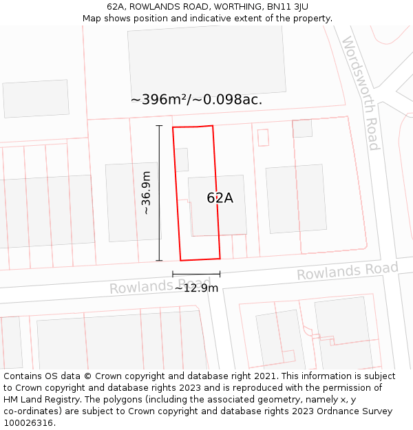 62A, ROWLANDS ROAD, WORTHING, BN11 3JU: Plot and title map