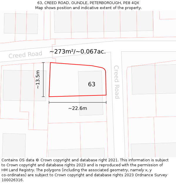 63, CREED ROAD, OUNDLE, PETERBOROUGH, PE8 4QX: Plot and title map