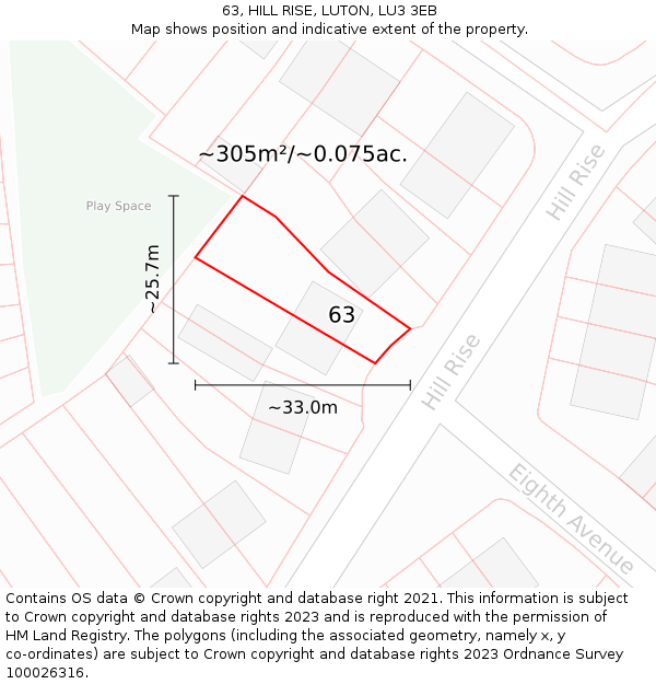 63, HILL RISE, LUTON, LU3 3EB: Plot and title map