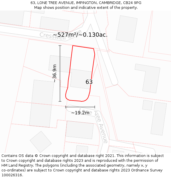 63, LONE TREE AVENUE, IMPINGTON, CAMBRIDGE, CB24 9PG: Plot and title map
