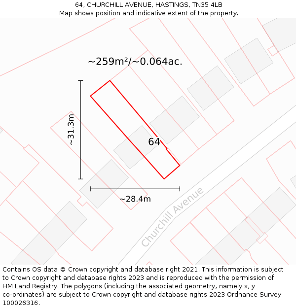 64, CHURCHILL AVENUE, HASTINGS, TN35 4LB: Plot and title map