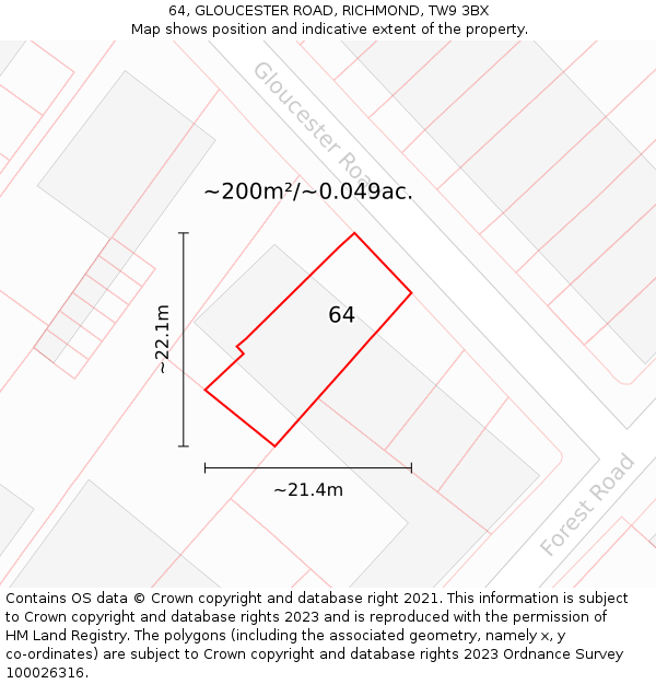 64, GLOUCESTER ROAD, RICHMOND, TW9 3BX: Plot and title map