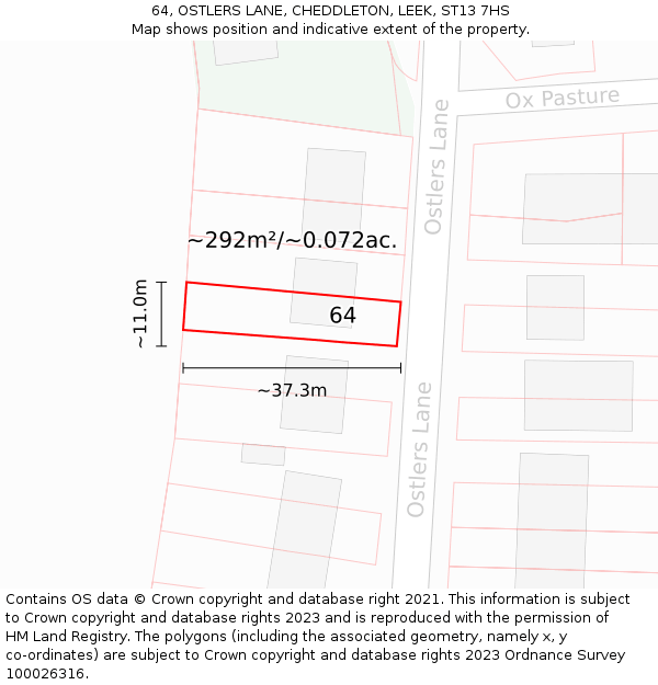 64, OSTLERS LANE, CHEDDLETON, LEEK, ST13 7HS: Plot and title map