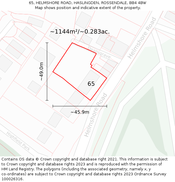 65, HELMSHORE ROAD, HASLINGDEN, ROSSENDALE, BB4 4BW: Plot and title map