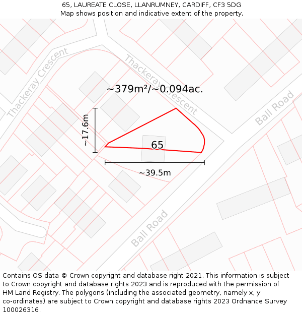 65, LAUREATE CLOSE, LLANRUMNEY, CARDIFF, CF3 5DG: Plot and title map
